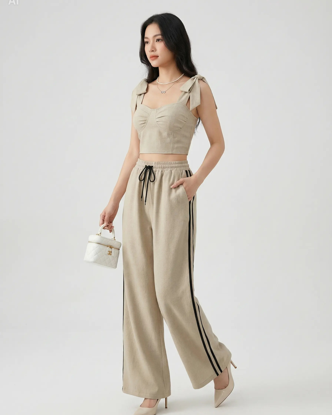 Set Áo Nhún Ngực Nữ Quần Sọc Cột Dây Màu Be