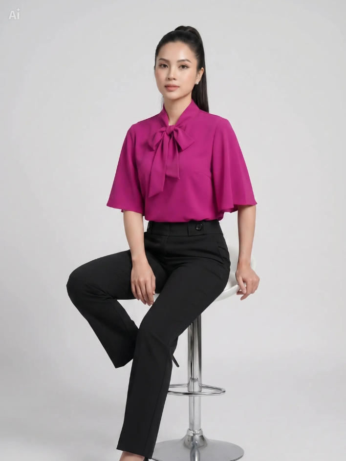 Áo Kiểu Nữ Cổ Nơ Màu Hồng Cánh Sen