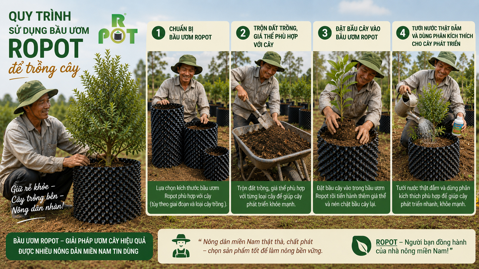 Quy Trình Sử Dụng Bầu Ươm Ropot Giúp Cây Phát Triển Khỏe Mạnh, Chống Xoắn Rễ Hiệu Quả